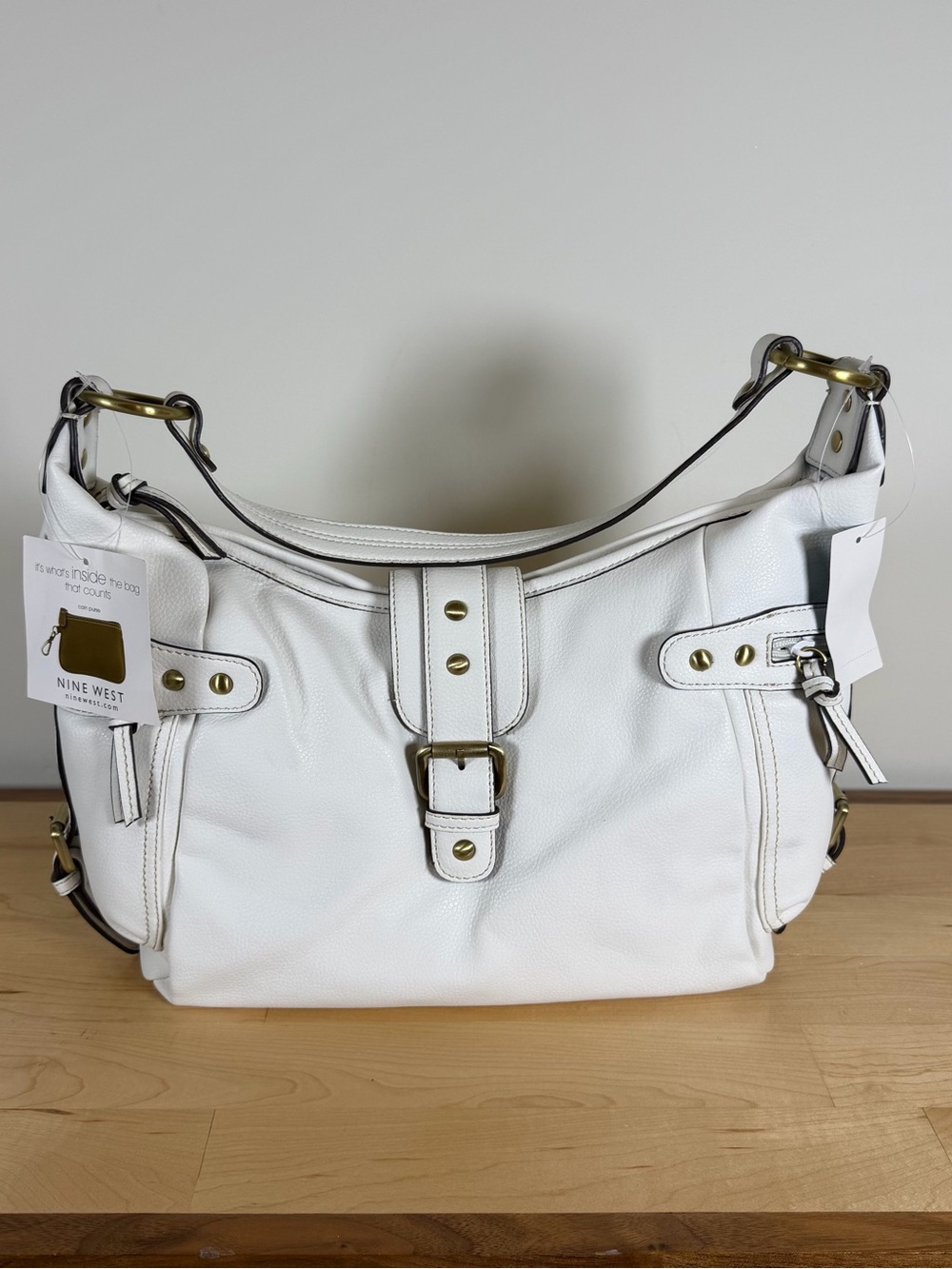 Nine West White Leather Shoulder Hobo with Gold Accents